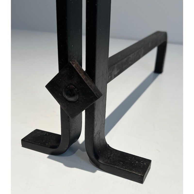 Pair of Modernist Cast Iron and Wrought Iron Andirons, French Work, Circa 1940