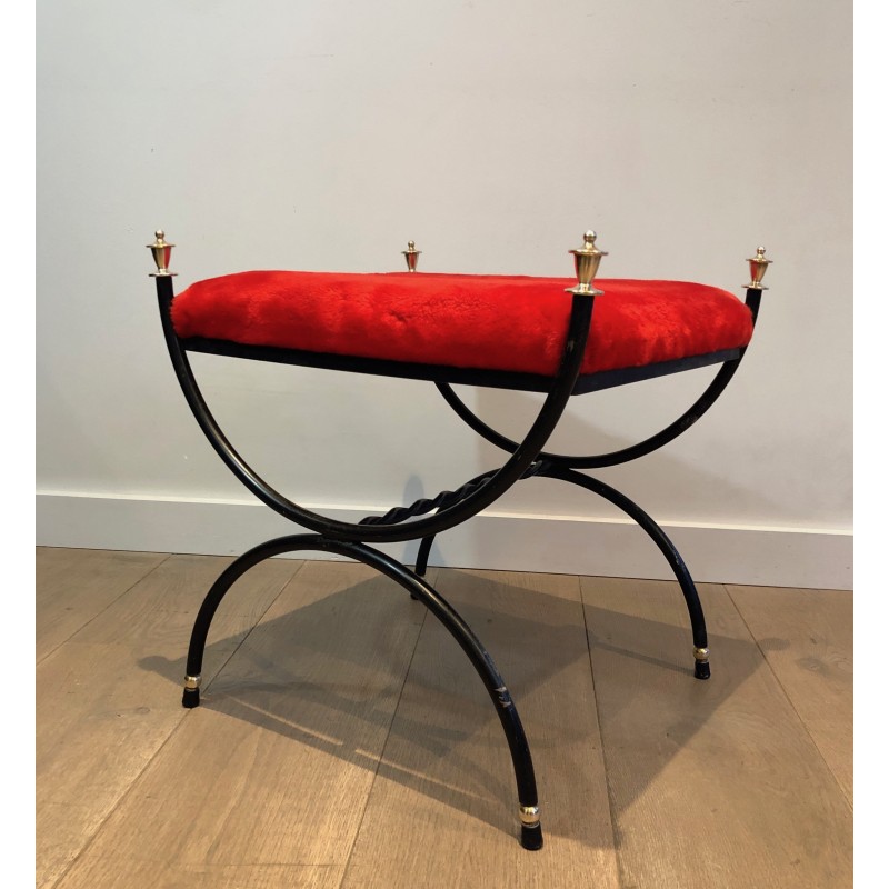 Tabouret Néoclassique en Métal Laqué Noir et Laiton à Assise de Velours, Travail Français, Vers 1940