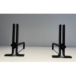 Pair of Modernist Cast Iron and Wrought Iron Andirons, French Work, Circa 1940