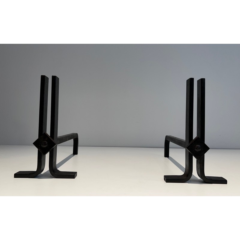 Pair of Modernist Cast Iron and Wrought Iron Andirons, French Work, Circa 1940