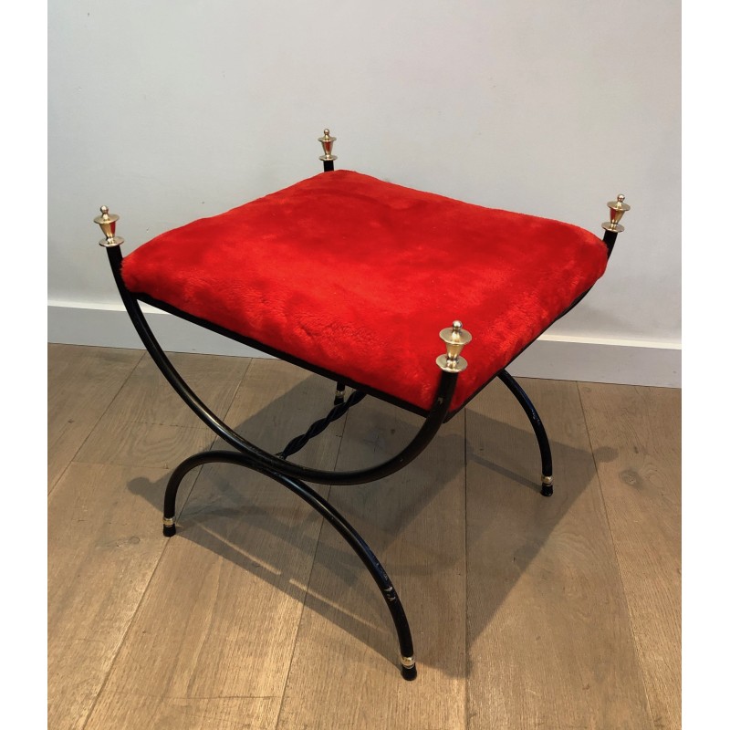 Neoclassical Black Lacquered Metal and Brass Stool with Velvet Seat, French Work, Circa 1940