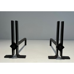 Pair of Modernist Cast Iron and Wrought Iron Andirons, French Work, Circa 1940