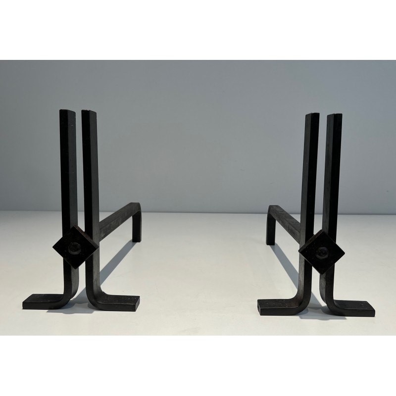 Pair of Modernist Cast Iron and Wrought Iron Andirons, French Work, Circa 1940