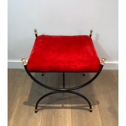 Neoclassical Black Lacquered Metal and Brass Stool with Velvet Seat, French Work, Circa 1940