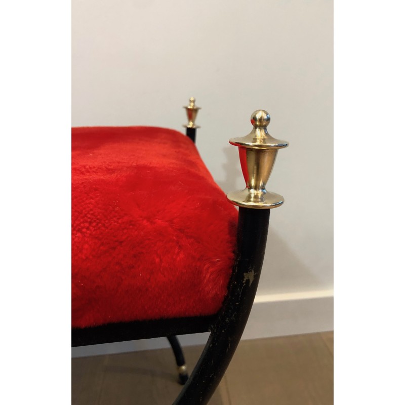 Neoclassical Black Lacquered Metal and Brass Stool with Velvet Seat, French Work, Circa 1940