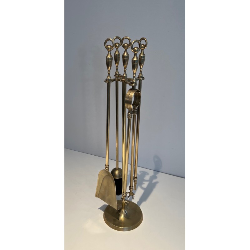 Neoclassical Style Brass Fireplace Tools Set, French Work, Circa 1970