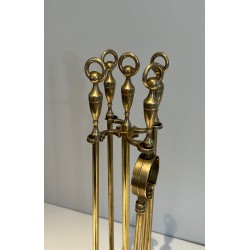 Neoclassical Style Brass Fireplace Tools Set, French Work, Circa 1970