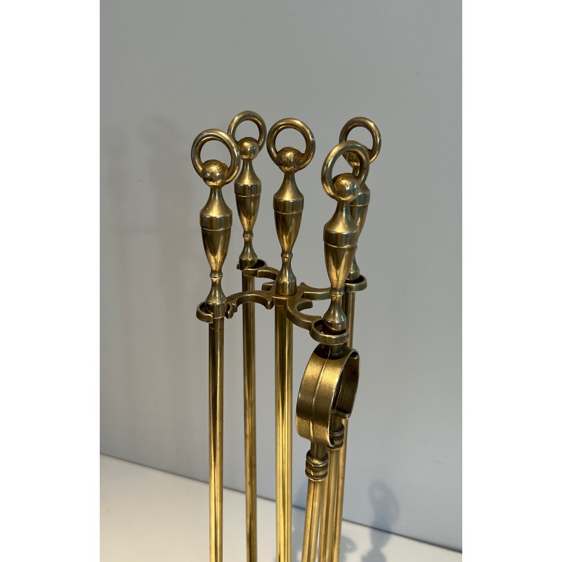 Neoclassical Style Brass Fireplace Tools Set, French Work, Circa 1970