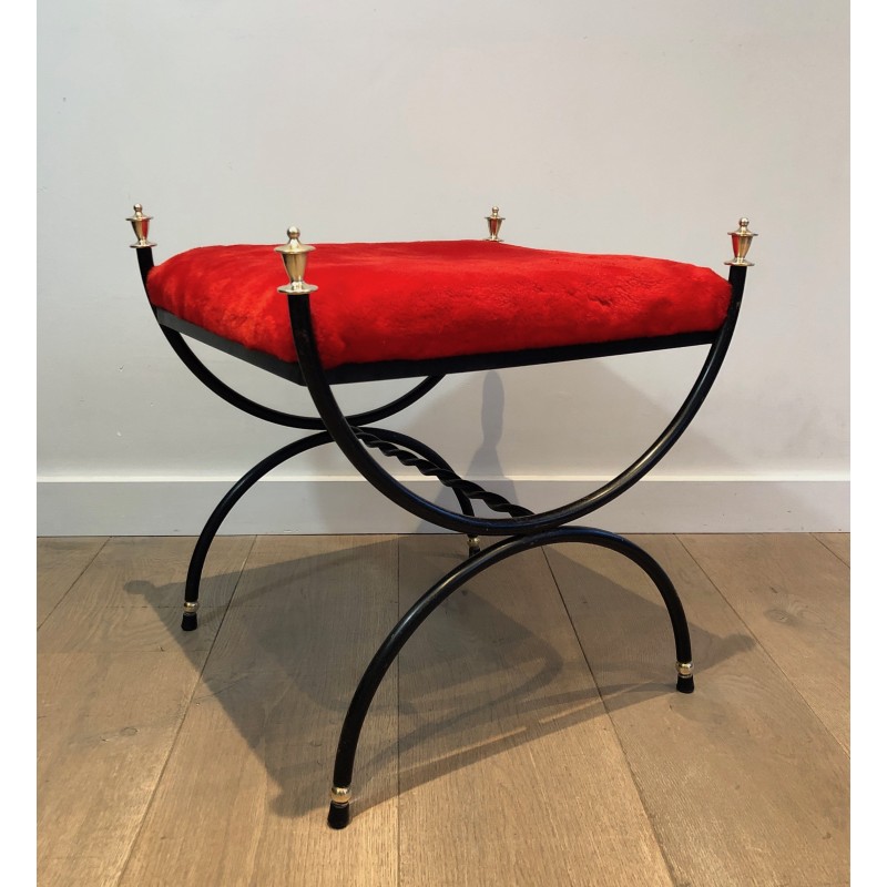 Neoclassical Black Lacquered Metal and Brass Stool with Velvet Seat, French Work, Circa 1940