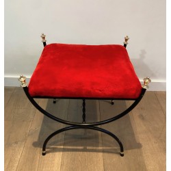 Tabouret Néoclassique en Métal Laqué Noir et Laiton à Assise de Velours, Travail Français, Vers 1940