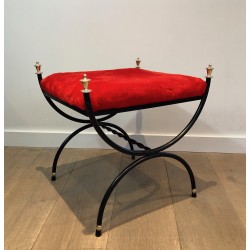 Tabouret Néoclassique en Métal Laqué Noir et Laiton à Assise de Velours, Travail Français, Vers 1940