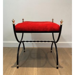 Neoclassical Black Lacquered Metal and Brass Stool with Velvet Seat, French Work, Circa 1940