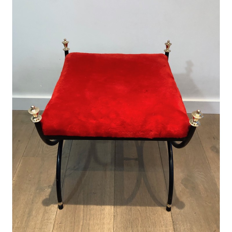 Neoclassical Black Lacquered Metal and Brass Stool with Velvet Seat, French Work, Circa 1940