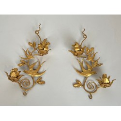 Pair of Gilded Metal Bird Wall Sconces in the Taste of Maison Baguès | French Work, circa 1970
