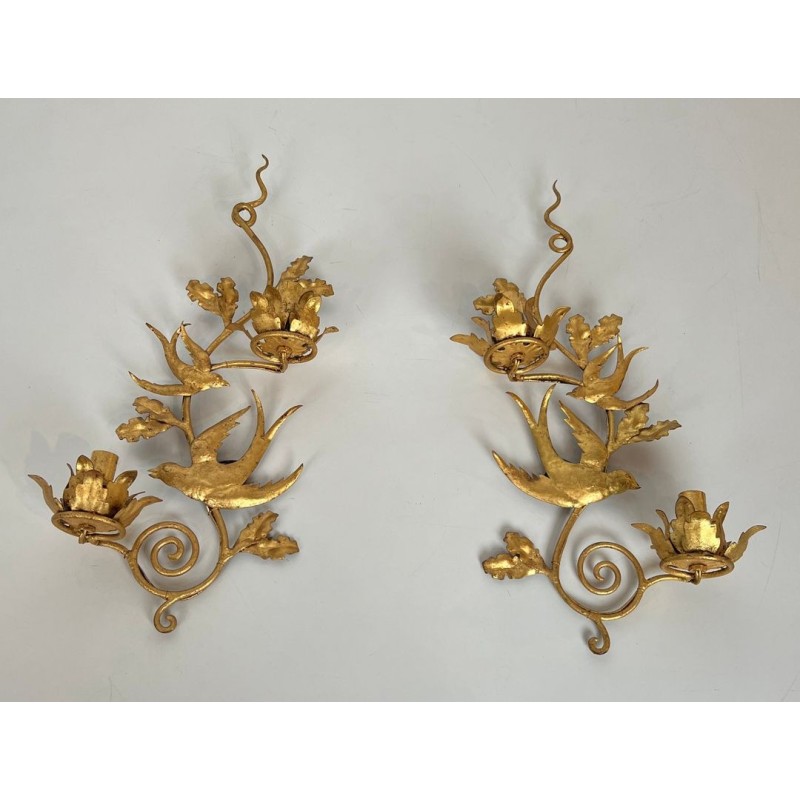 Pair of Gilded Metal Bird Wall Sconces in the Taste of Maison Baguès | French Work, circa 1970