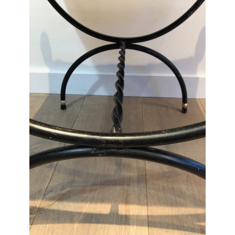 Tabouret Néoclassique en Métal Laqué Noir et Laiton à Assise de Velours, Travail Français, Vers 1940