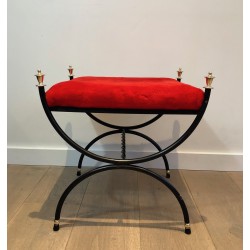 Tabouret Néoclassique en Métal Laqué Noir et Laiton à Assise de Velours, Travail Français, Vers 1940