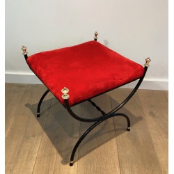 Neoclassical Black Lacquered Metal and Brass Stool with Velvet Seat, French Work, Circa 1940