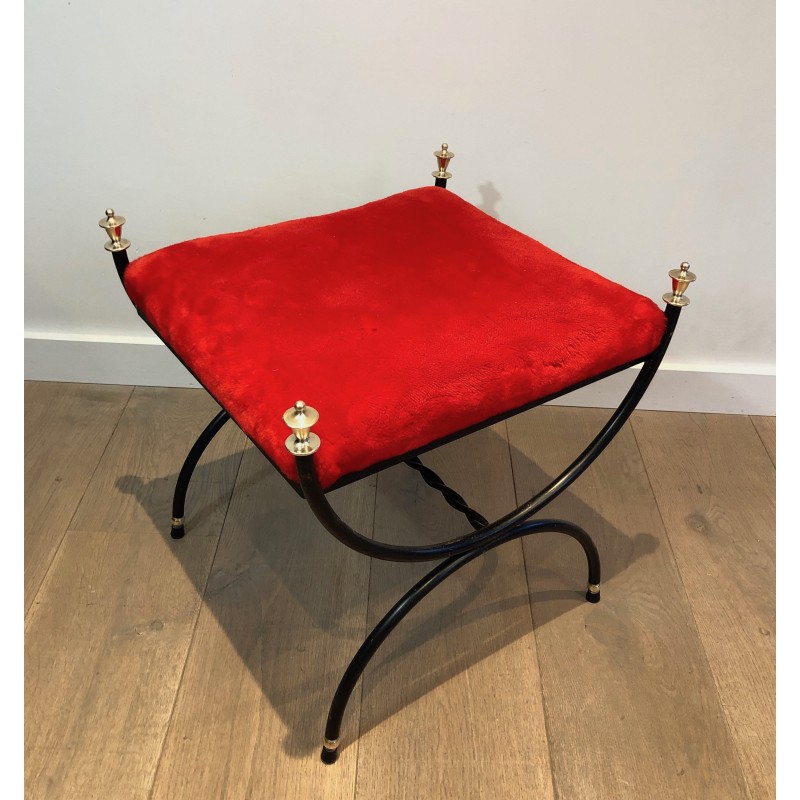 Tabouret Néoclassique en Métal Laqué Noir et Laiton à Assise de Velours, Travail Français, Vers 1940
