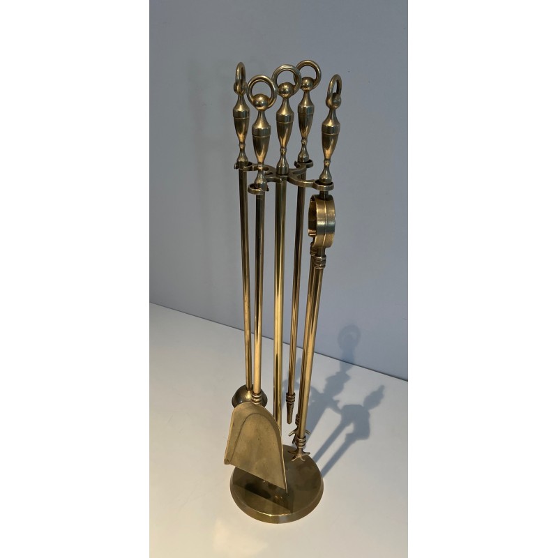 Neoclassical Style Brass Fireplace Tools Set, French Work, Circa 1970