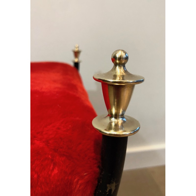 Neoclassical Black Lacquered Metal and Brass Stool with Velvet Seat, French Work, Circa 1940