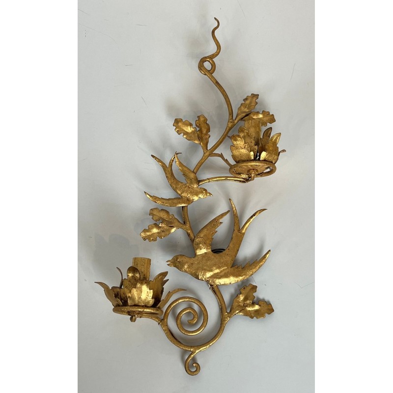 Pair of Gilded Metal Bird Wall Sconces in the Taste of Maison Baguès | French Work, circa 1970