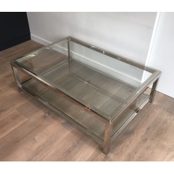 Large Chrome and Glass Two-Tier Coffee Table, French Work, Circa 1970