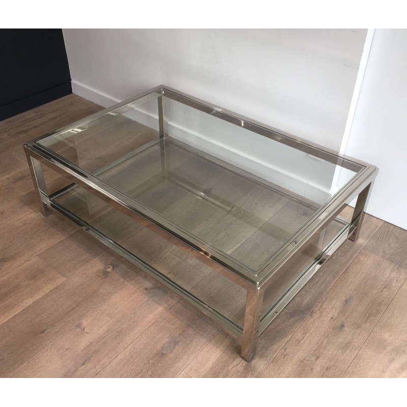Large Chrome and Glass Two-Tier Coffee Table, French Work, Circa 1970