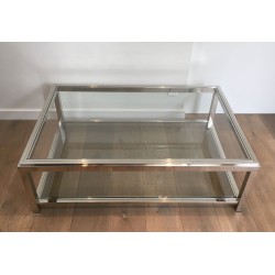 Importante Table Basse Chromée à Double Plateaux de Verre, Travail Français, Vers 1970