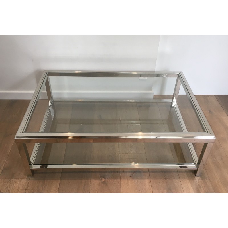 Importante Table Basse Chromée à Double Plateaux de Verre, Travail Français, Vers 1970