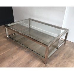 Importante Table Basse Chromée à Double Plateaux de Verre, Travail Français, Vers 1970