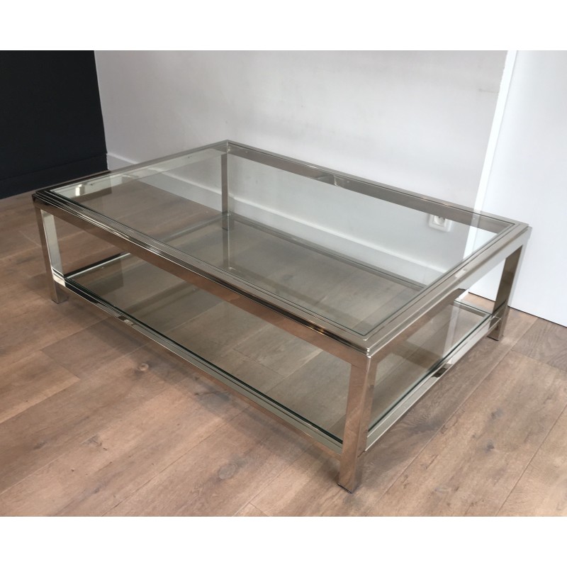 Large Chrome and Glass Two-Tier Coffee Table, French Work, Circa 1970