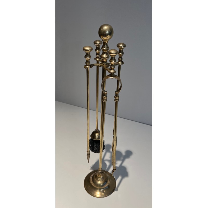 Neoclassical Style Brass Fireplace Tools on Stand, French Work, Circa 1970