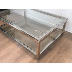 Large Chrome and Glass Two-Tier Coffee Table, French Work, Circa 1970