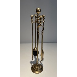 Neoclassical Style Brass Fireplace Tools on Stand, French Work, Circa 1970