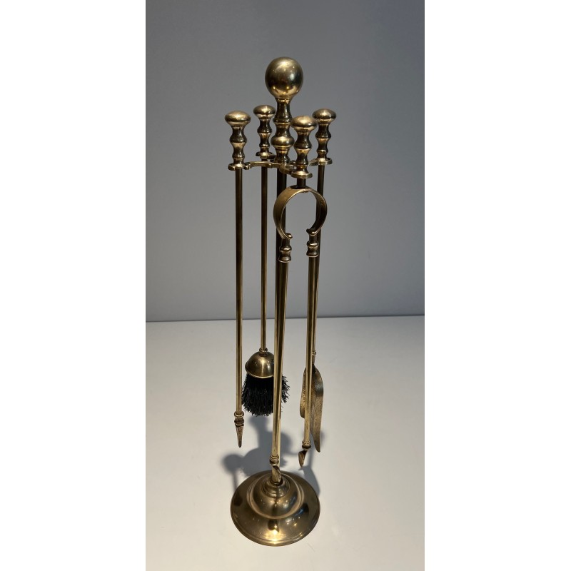 Neoclassical Style Brass Fireplace Tools on Stand, French Work, Circa 1970