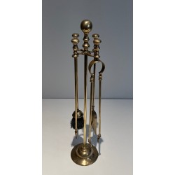 Neoclassical Style Brass Fireplace Tools on Stand, French Work, Circa 1970