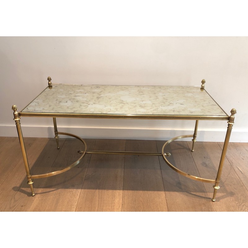 Table Basse Néoclassique en Laiton à Plateau de Miroir Faux-Antique, Maison Jansen, Travail Français, Vers 1940