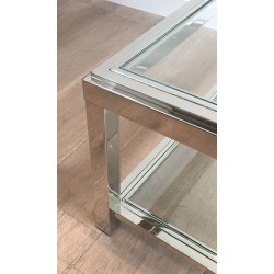 Importante Table Basse Chromée à Double Plateaux de Verre, Travail Français, Vers 1970