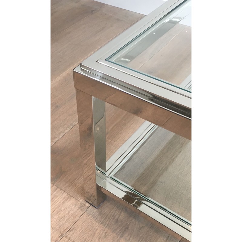 Importante Table Basse Chromée à Double Plateaux de Verre, Travail Français, Vers 1970
