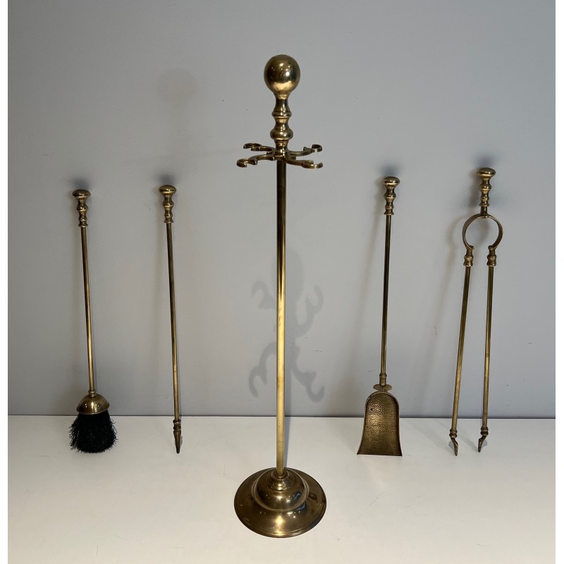 Neoclassical Style Brass Fireplace Tools on Stand, French Work, Circa 1970