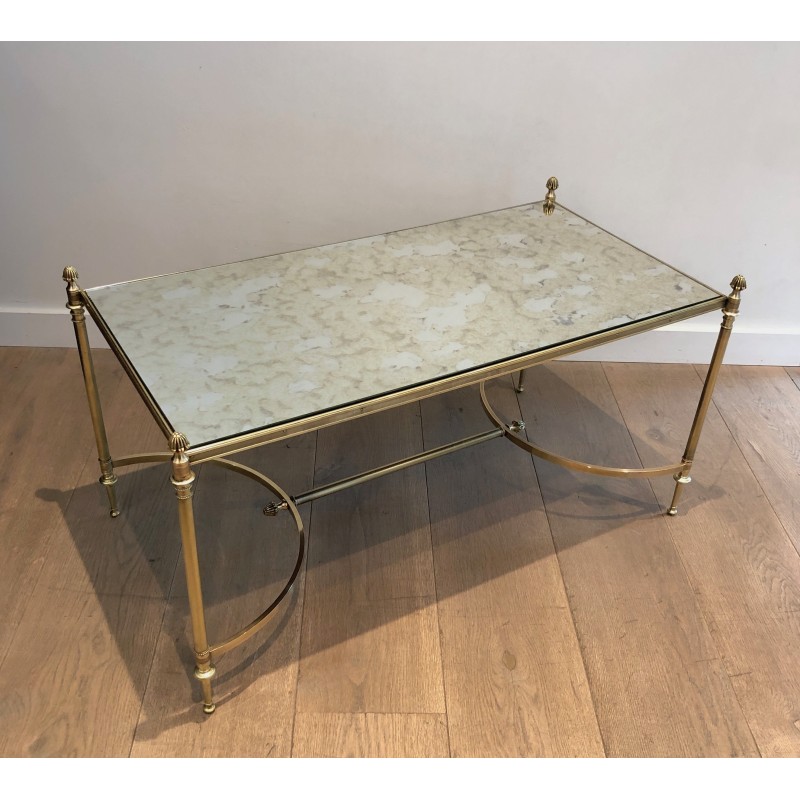 Table Basse Néoclassique en Laiton à Plateau de Miroir Faux-Antique, Maison Jansen, Travail Français, Vers 1940