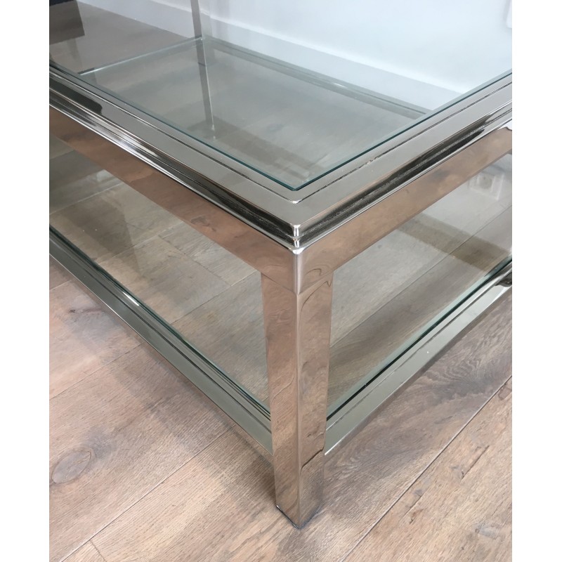 Importante Table Basse Chromée à Double Plateaux de Verre, Travail Français, Vers 1970
