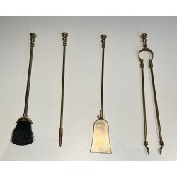 Neoclassical Style Brass Fireplace Tools on Stand, French Work, Circa 1970
