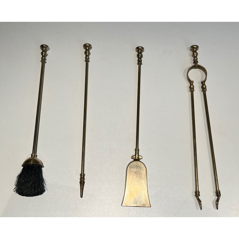 Neoclassical Style Brass Fireplace Tools on Stand, French Work, Circa 1970