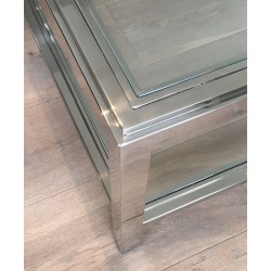 Large Chrome and Glass Two-Tier Coffee Table, French Work, Circa 1970