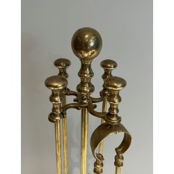 Neoclassical Style Brass Fireplace Tools on Stand, French Work, Circa 1970