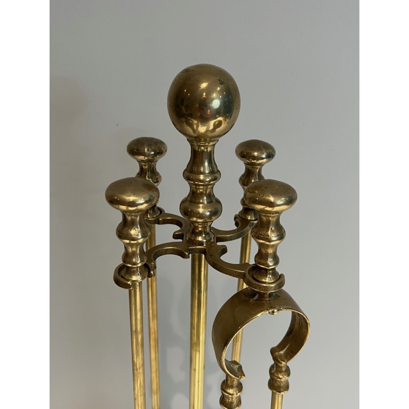 Neoclassical Style Brass Fireplace Tools on Stand, French Work, Circa 1970