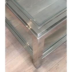 Large Chrome and Glass Two-Tier Coffee Table, French Work, Circa 1970