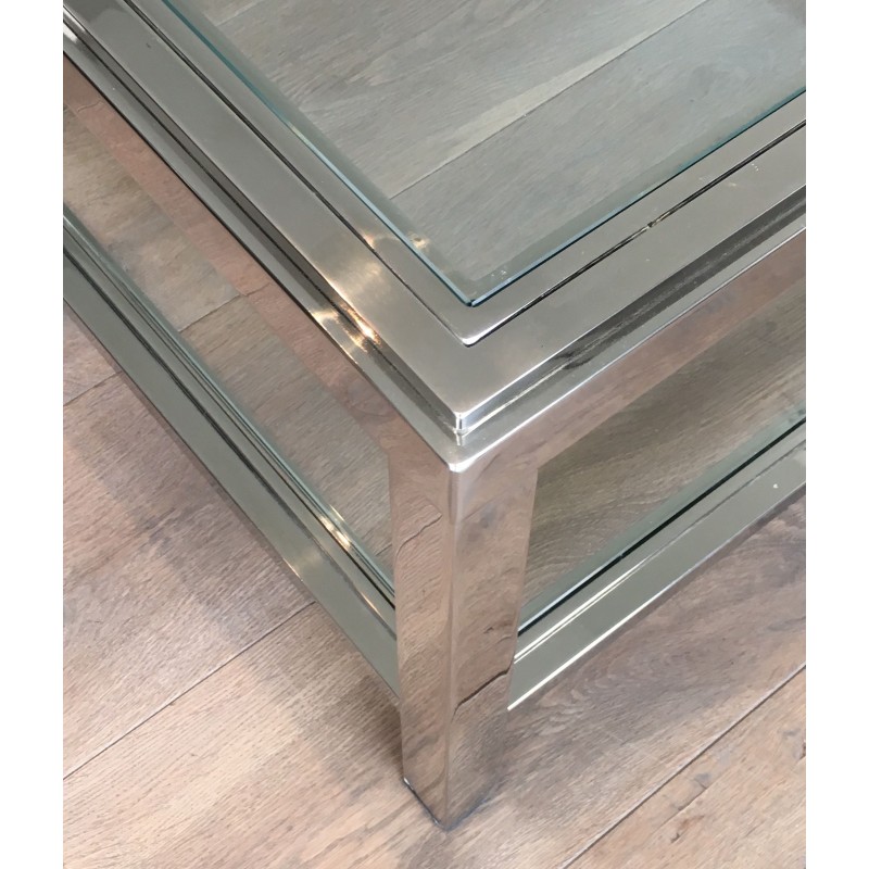 Importante Table Basse Chromée à Double Plateaux de Verre, Travail Français, Vers 1970